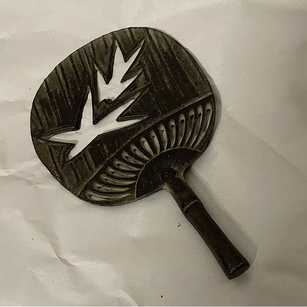 Antique Japanese cast iron bird bamboo handle fan wall decor